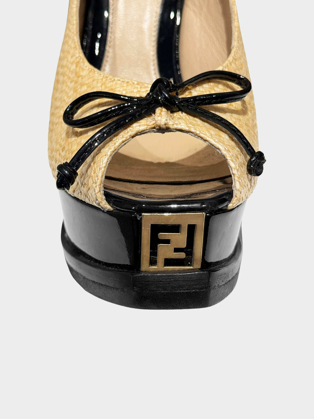 Fendi 2010s Beige and Black Raffia Peep-Toe Slingback Heels