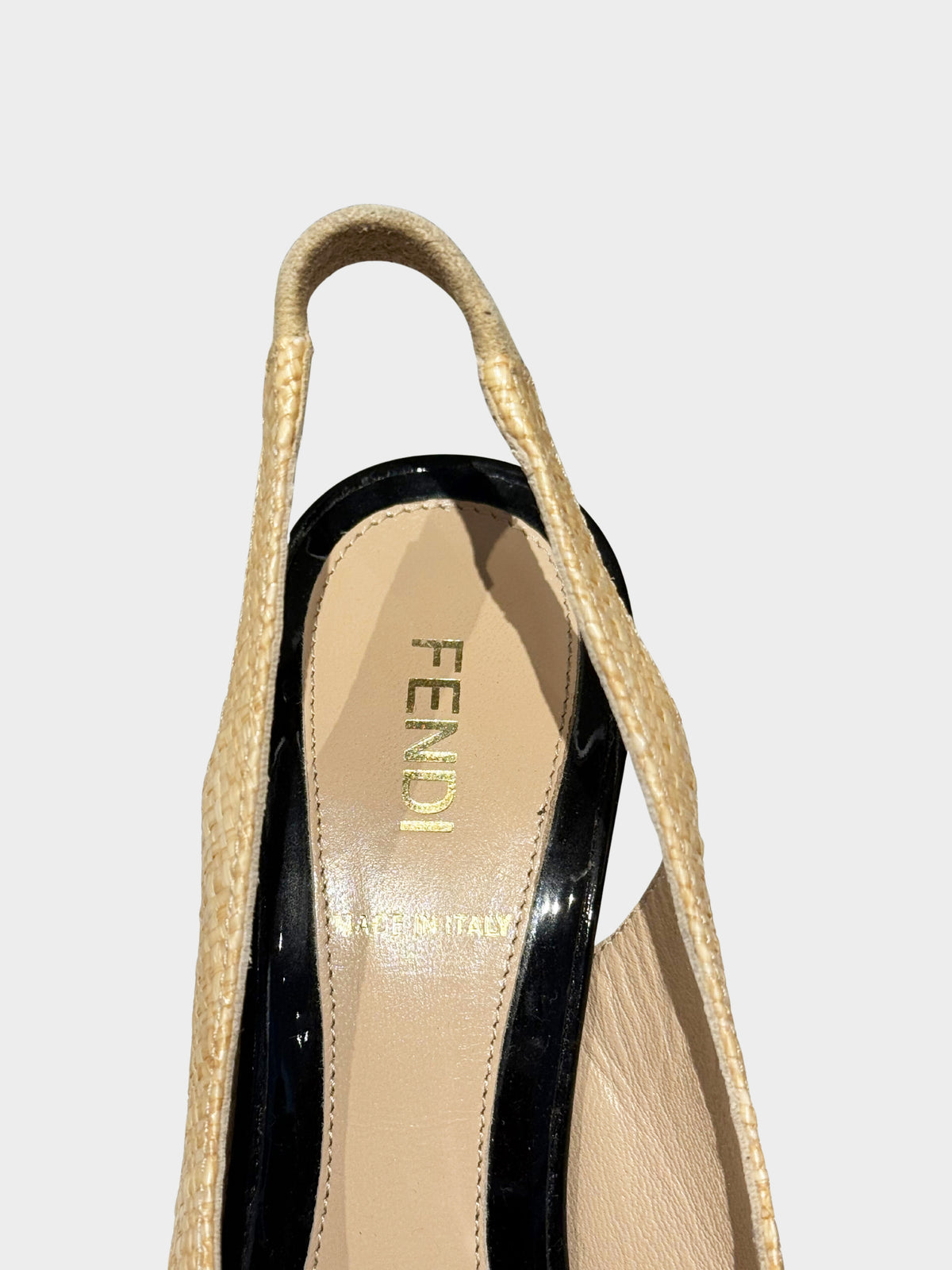Fendi 2010s Beige and Black Raffia Peep-Toe Slingback Heels