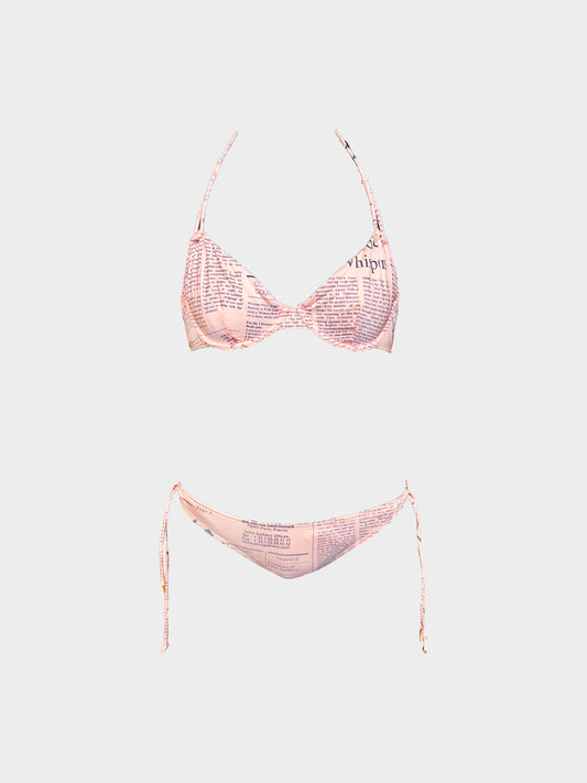 John Galliano 2000s Light Pink Gazette Print Two-piece Swimsuit