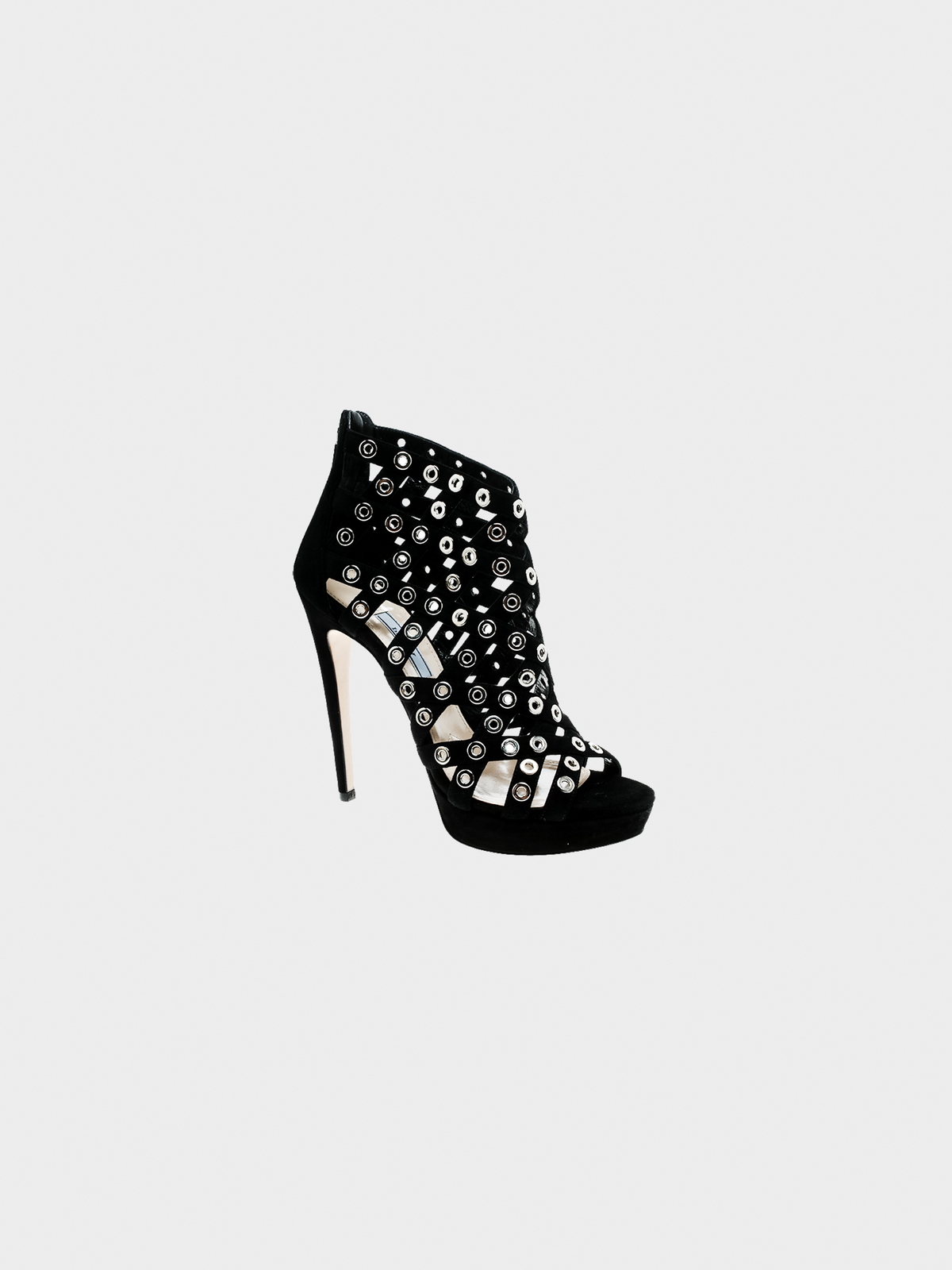 Prada 2000s Black Suede Eyelet Detail Platform Cage Booties