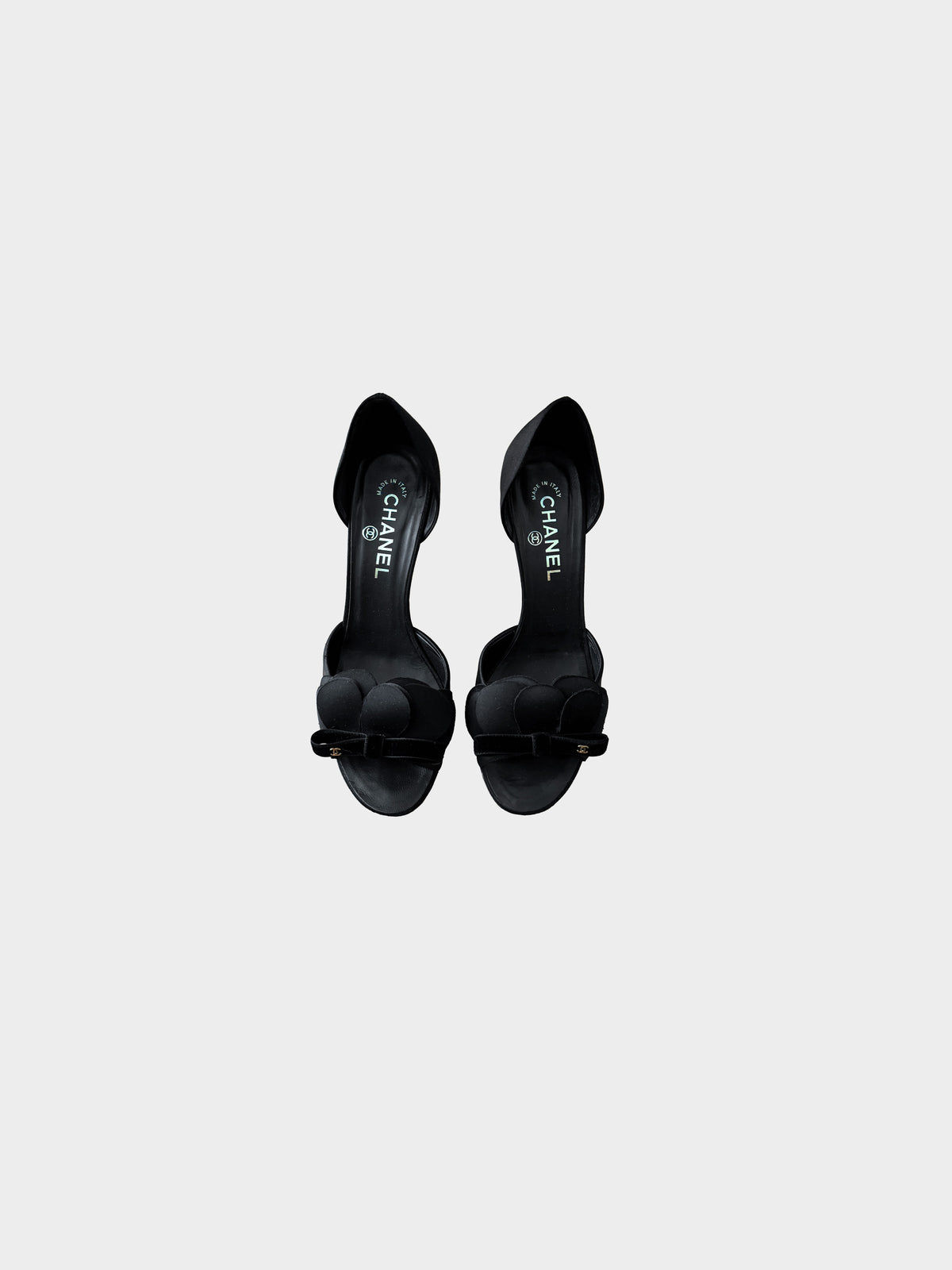 Chanel 2009 Camellia Black Satin Heels