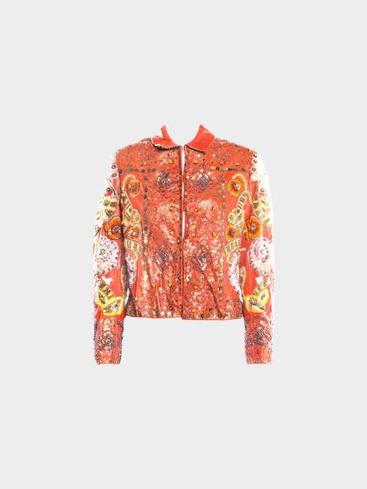 Valentino FW 2003 Orange Lambskin Leather Floral Embroidered Beads and Sequins Evening Jacket