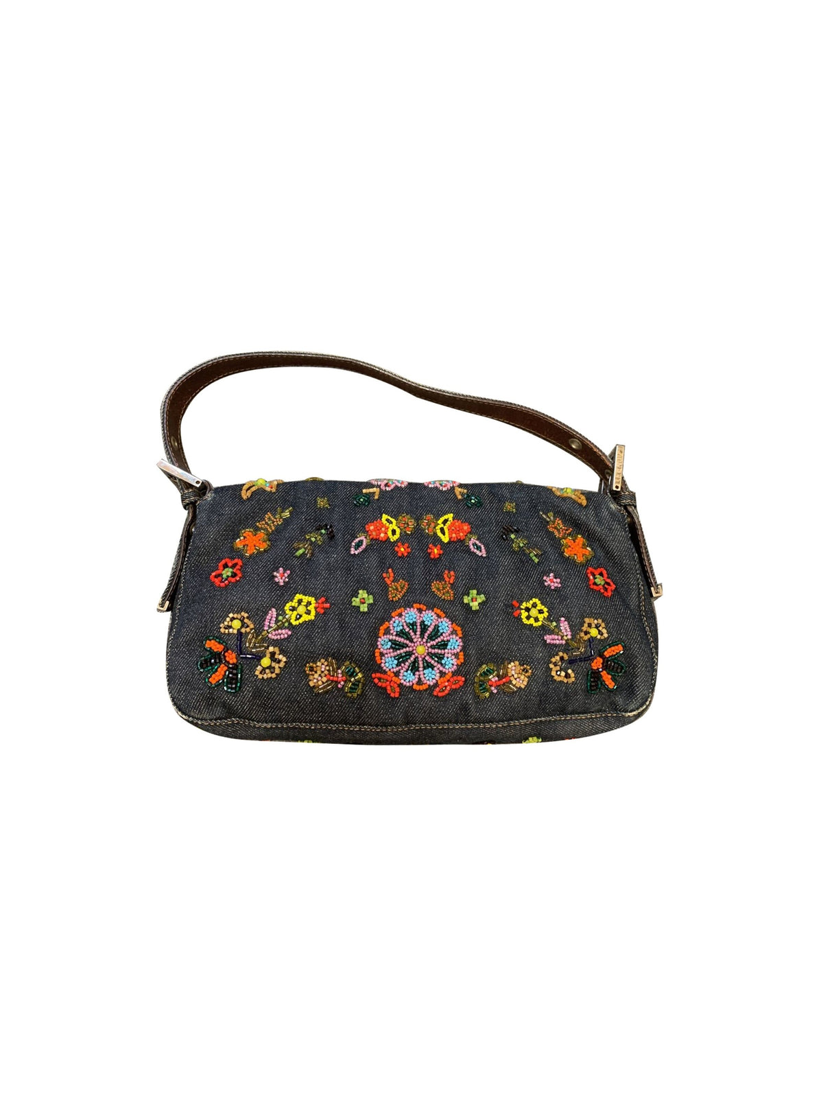 Fendi 2000s Rare Floral Beaded Denim Baguette