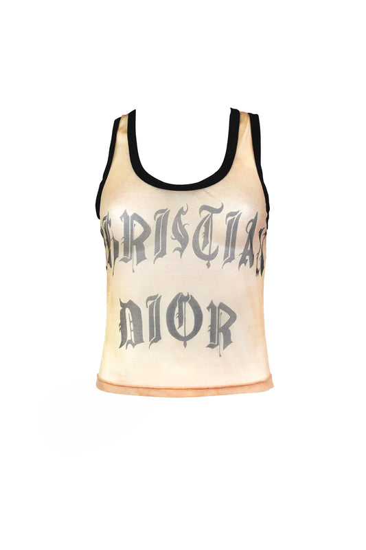 Christian Dior Spring 2002 Beige Mesh Gothic Letter 1947 Tank