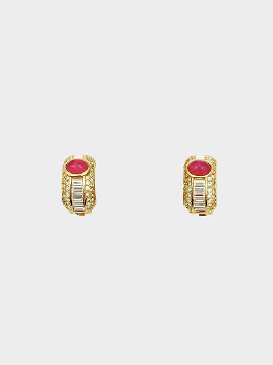 Christian Dior 1980s Rhinestone and Pink Stone Gold Earring