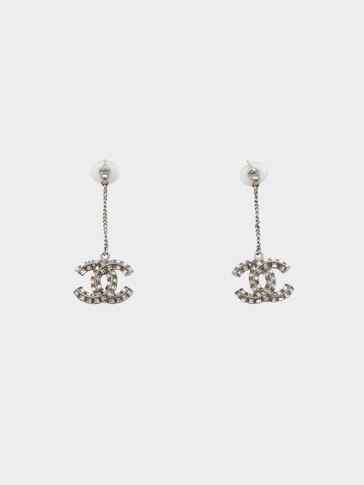 Chanel CC Crystal Silver Drop Earrings