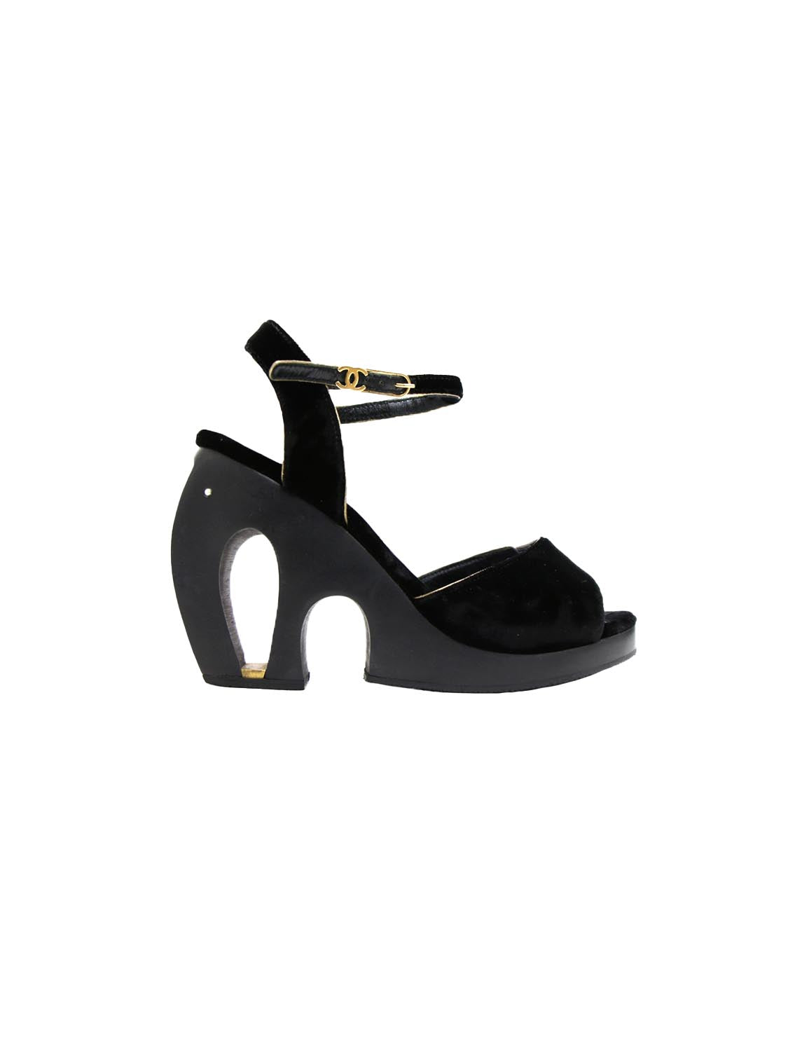 Chanel 2000s Black Velvet Curved Platform Heels
