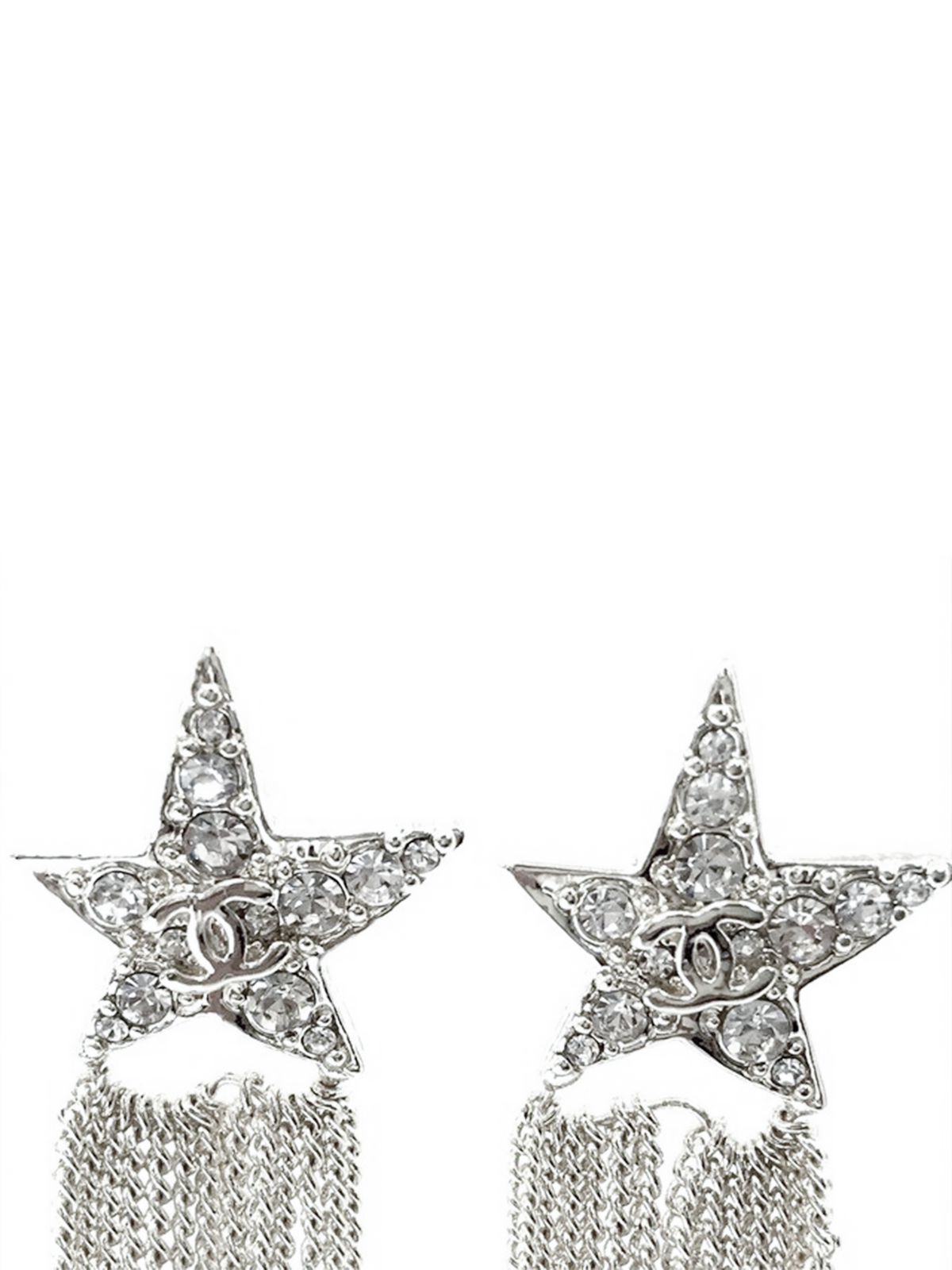 Chanel Siver Star Rhinestone Dangle Earrings