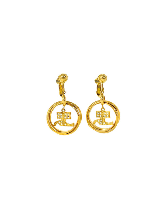 Courrèges 2000s Gold Rhinestone Logo Clip-Ons