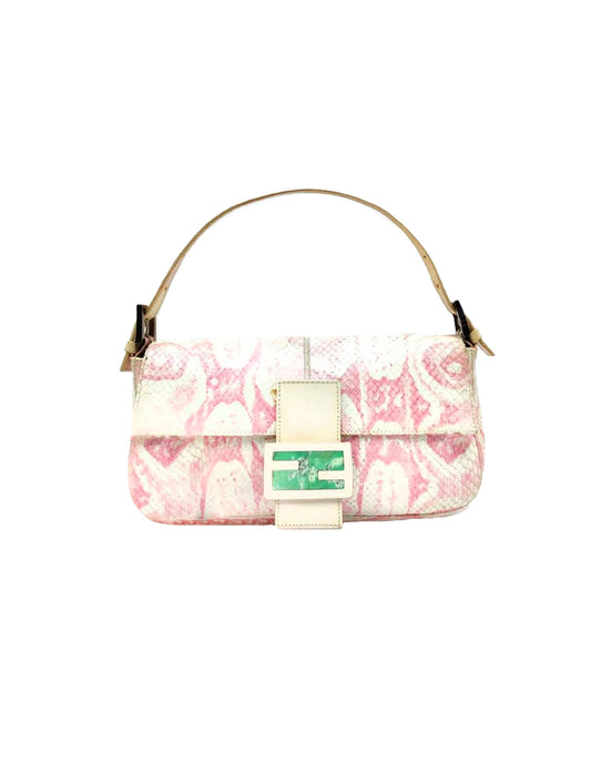 Fendi 2000s Pink Inkblot Print Snakeskin Baguette