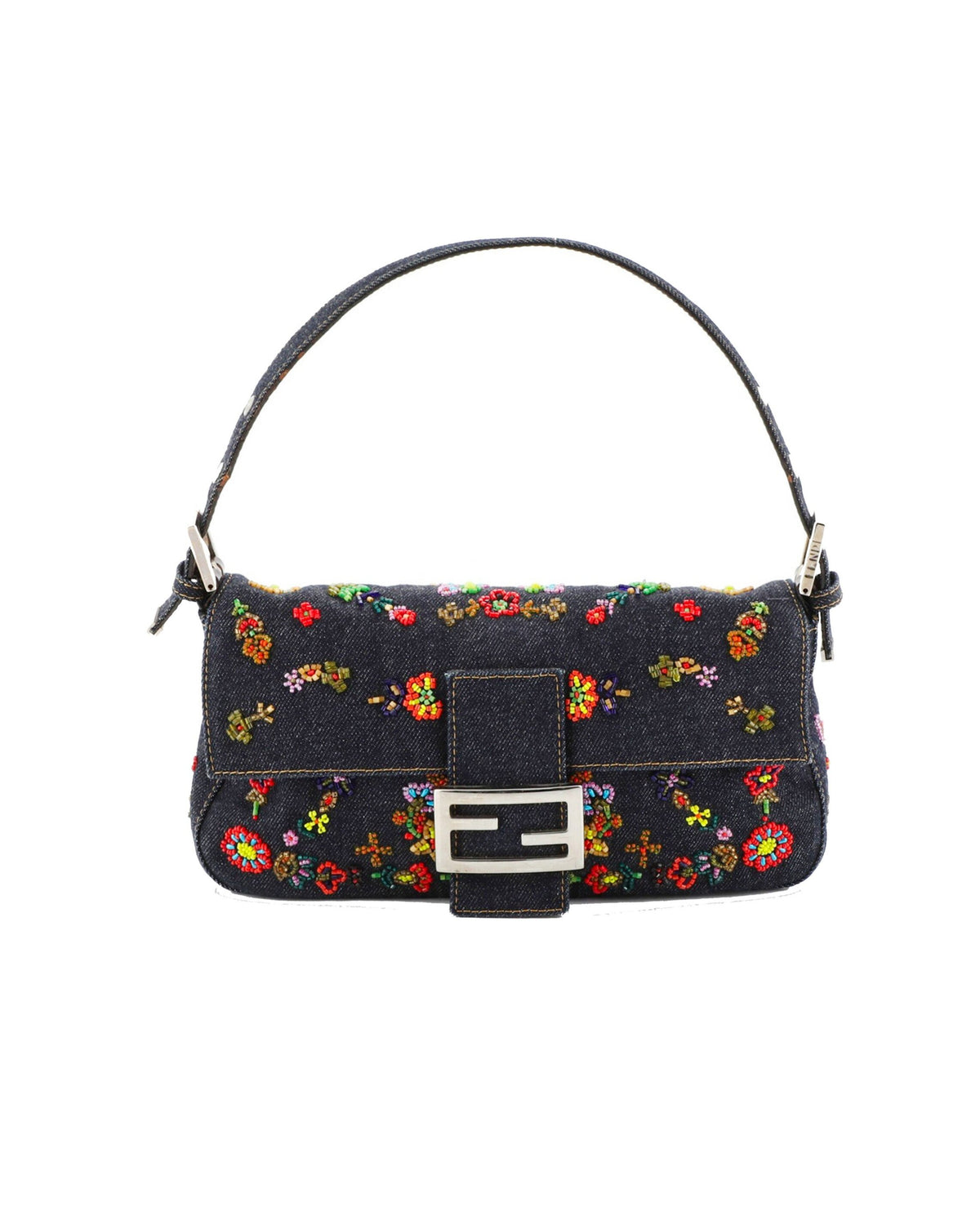 Fendi 2000s Rare Floral Beaded Denim Baguette
