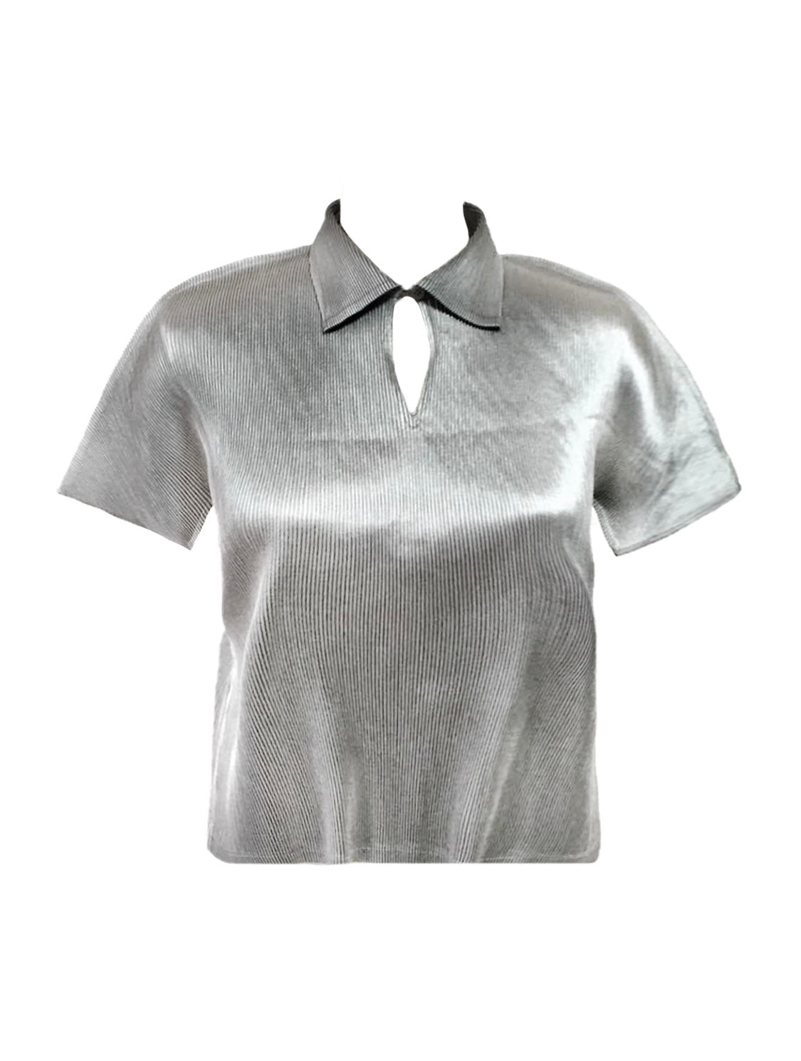 Issey Miyake 2000s Gray Silver Sheen Short Sleeve Collared Top