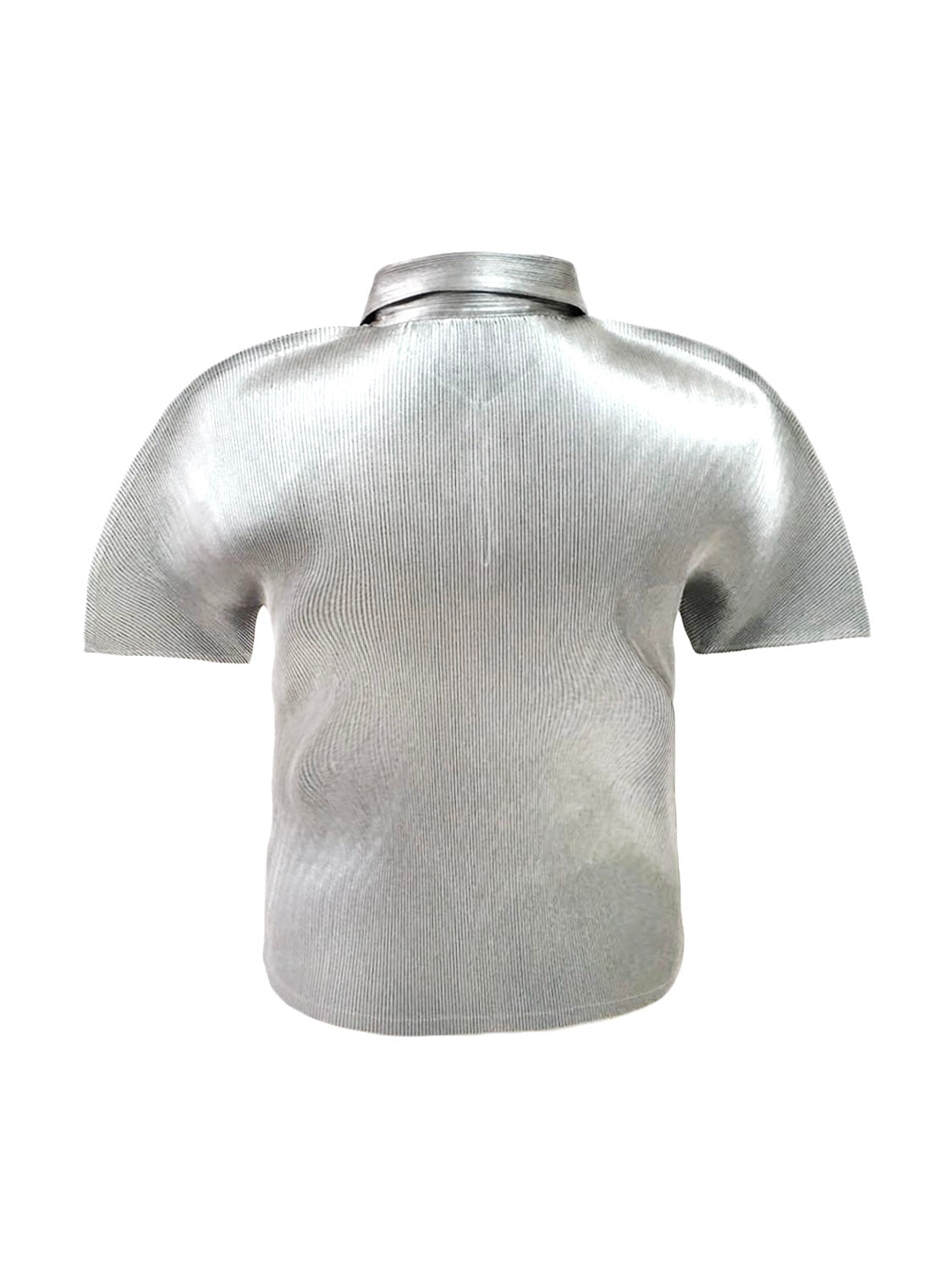 Issey Miyake 2000s Gray Silver Sheen Short Sleeve Collared Top