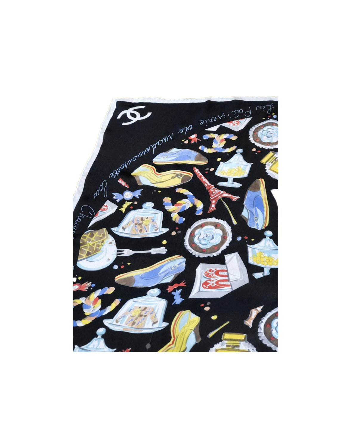 Chanel 2000s Black Flight Pattern Silk Scarf